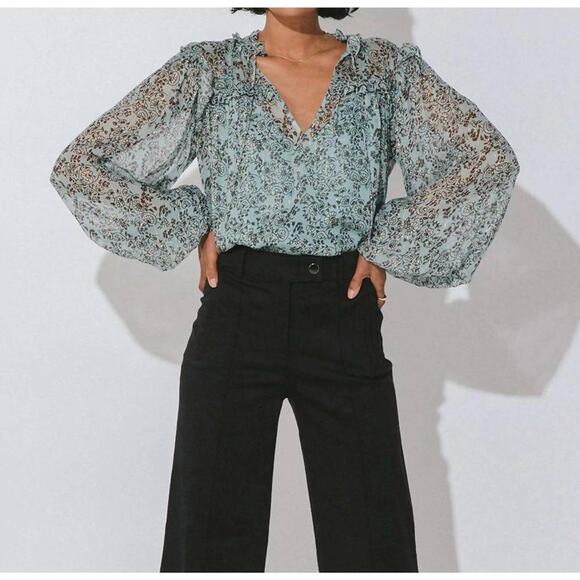 Cleobella Top Womens Small Green Loretta Iris Blue Peasant Boho Metallic Chiffon - Picture 1 of 9